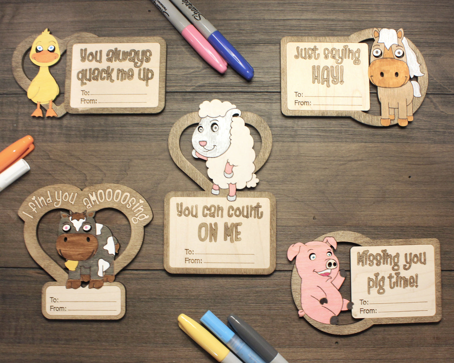 Valentines Day Cards, Color Your Own Farm Animals, Set of 5 Wooden Valentines
