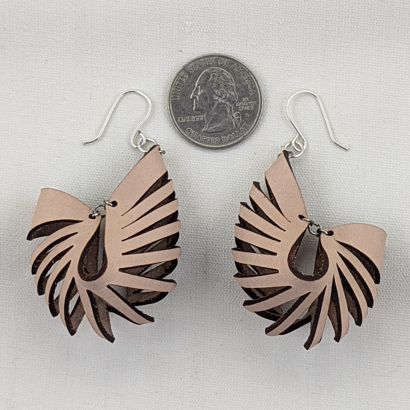 Genuine leather dangle earrings, size comparison to US quarter
