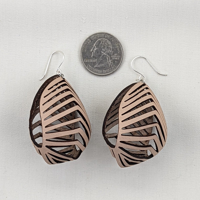 Genuine leather dangle earrings, size comparison to US quarter