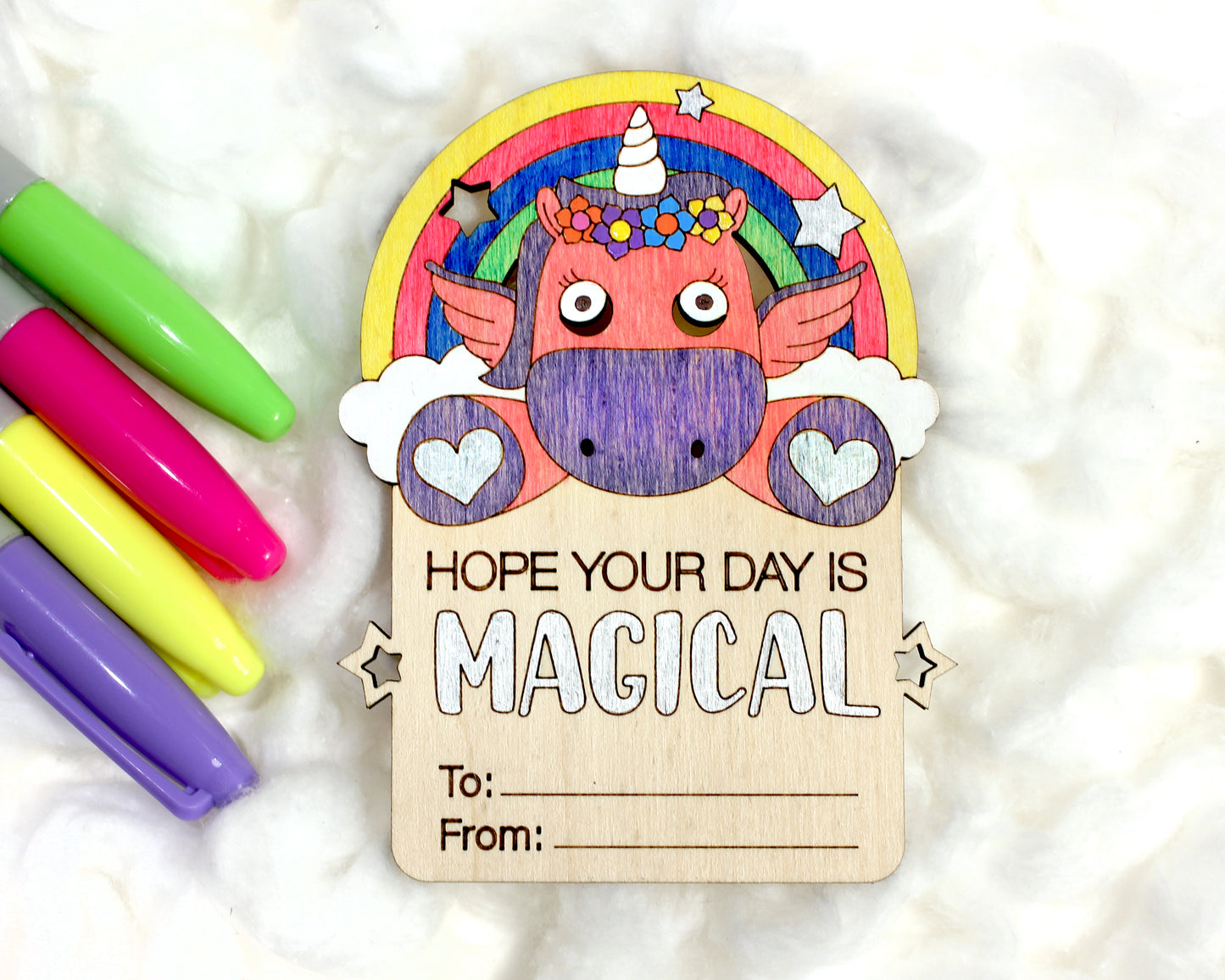 Valentines Day Cards, Color Your Own Unicorn, Set of 5 Wooden Valentines