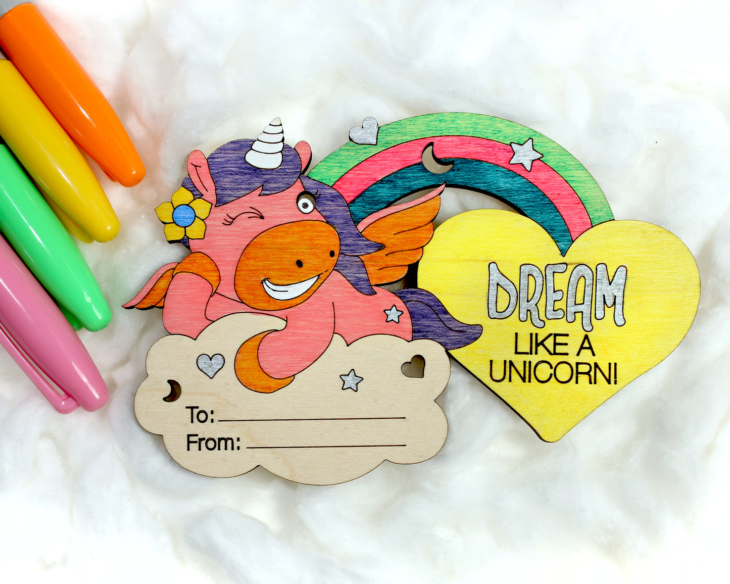 Valentines Day Cards, Color Your Own Unicorn, Set of 5 Wooden Valentines