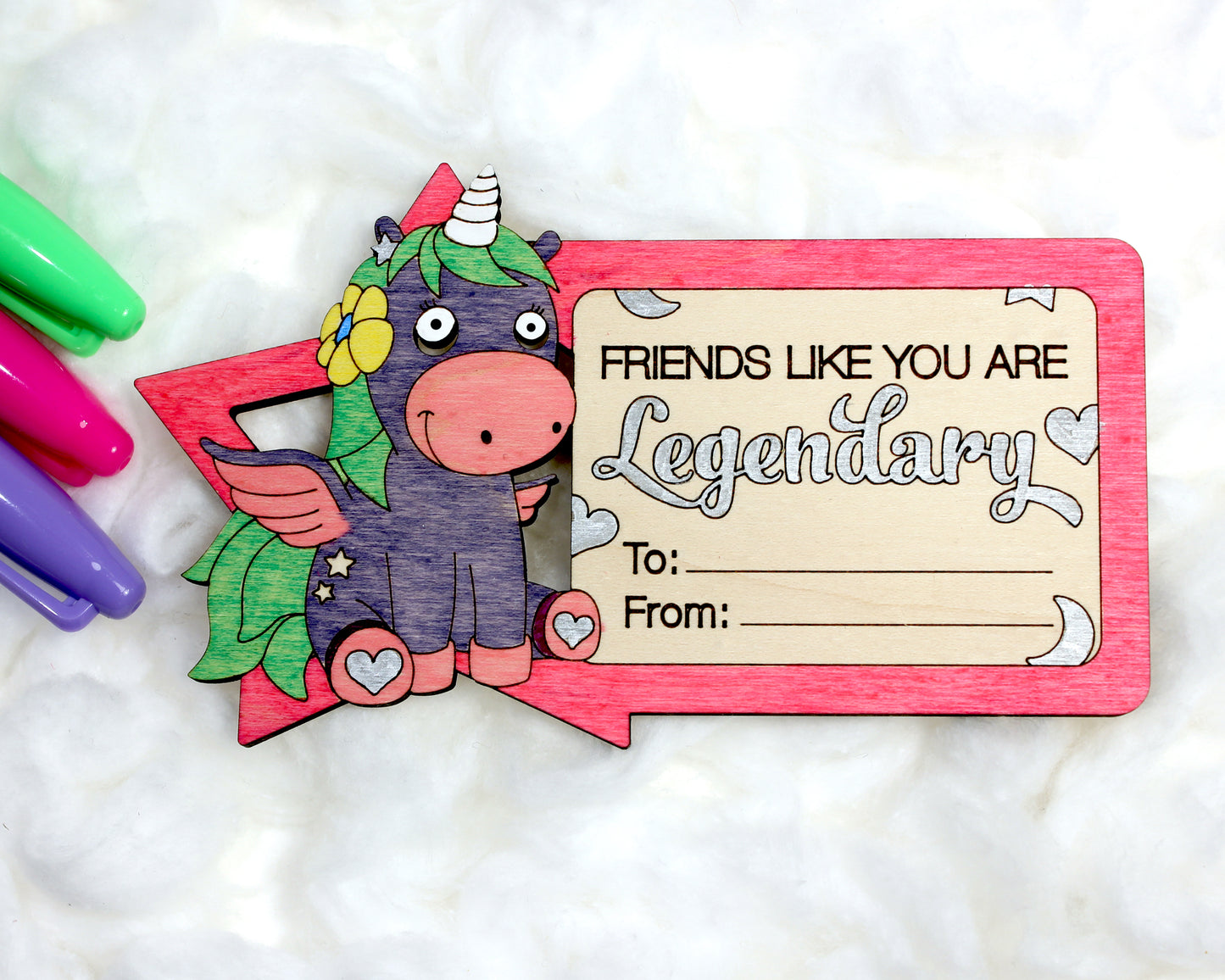 Valentines Day Cards, Color Your Own Unicorn, Set of 5 Wooden Valentines
