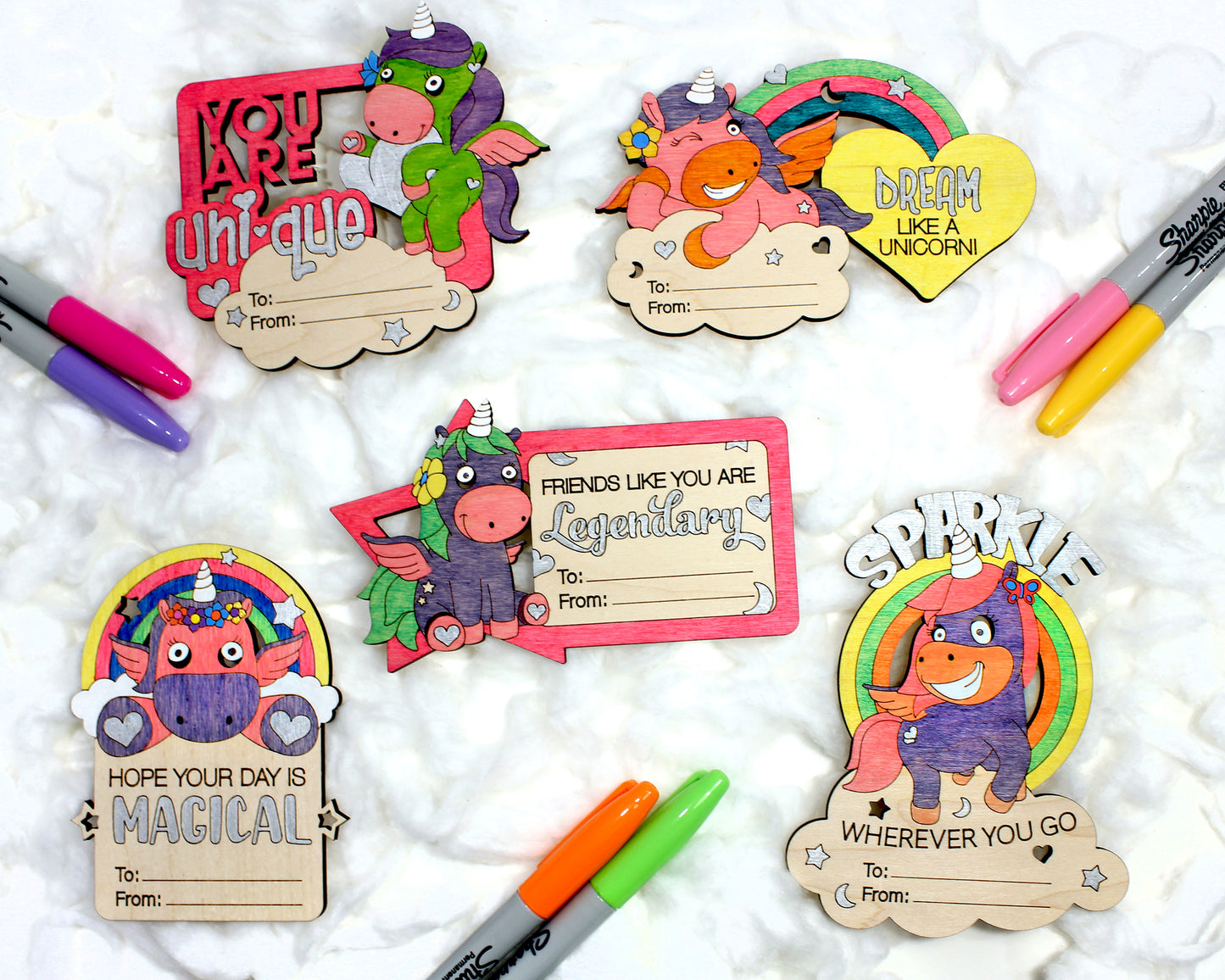 Valentines Day Cards, Color Your Own Unicorn, Set of 5 Wooden Valentines