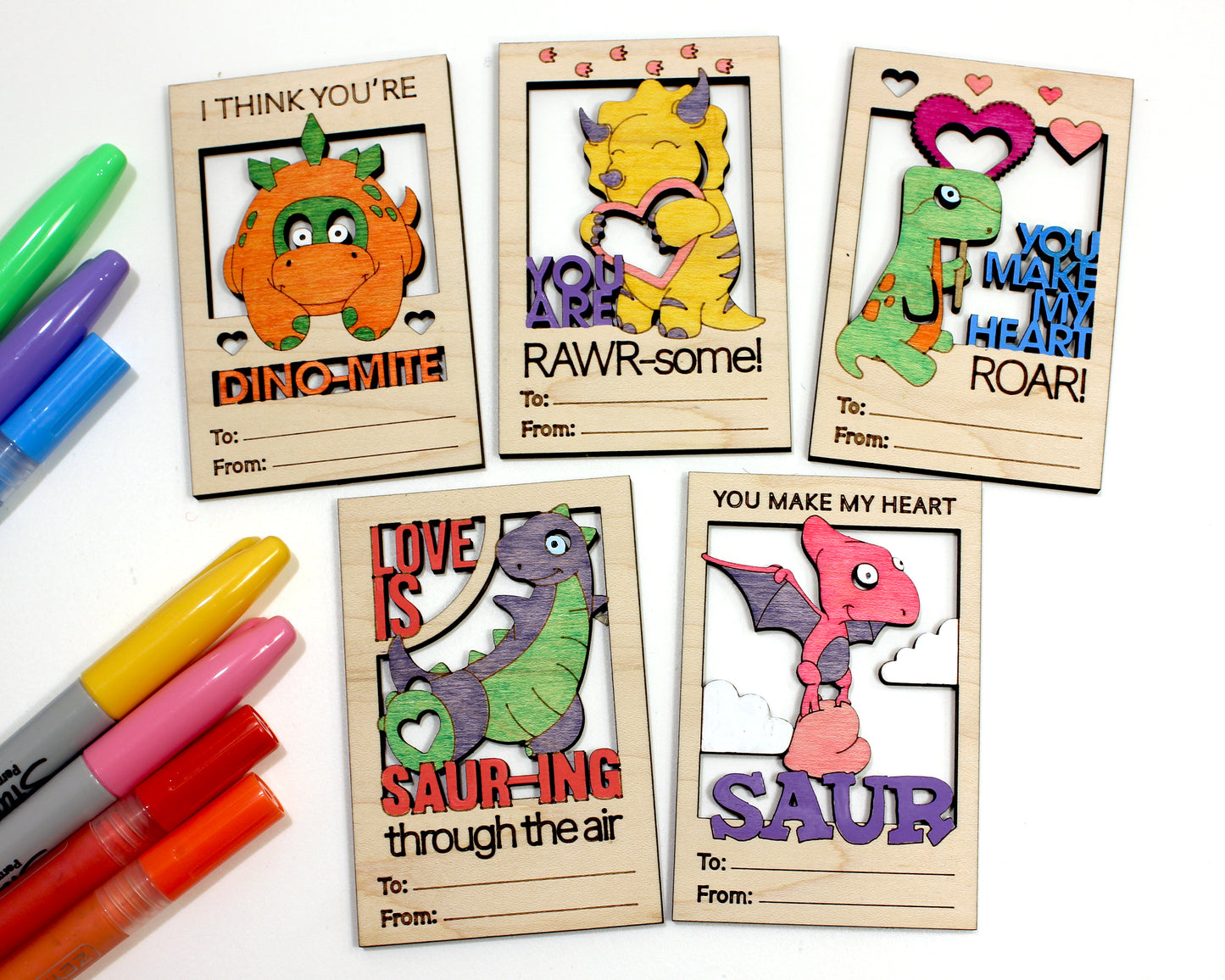Valentines Day Cards, Color Your Own Dinosaur, Set of 5 Wooden Valentines