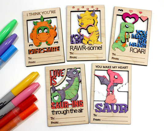 Valentines Day Cards, Color Your Own Dinosaur, Set of 5 Wooden Valentines