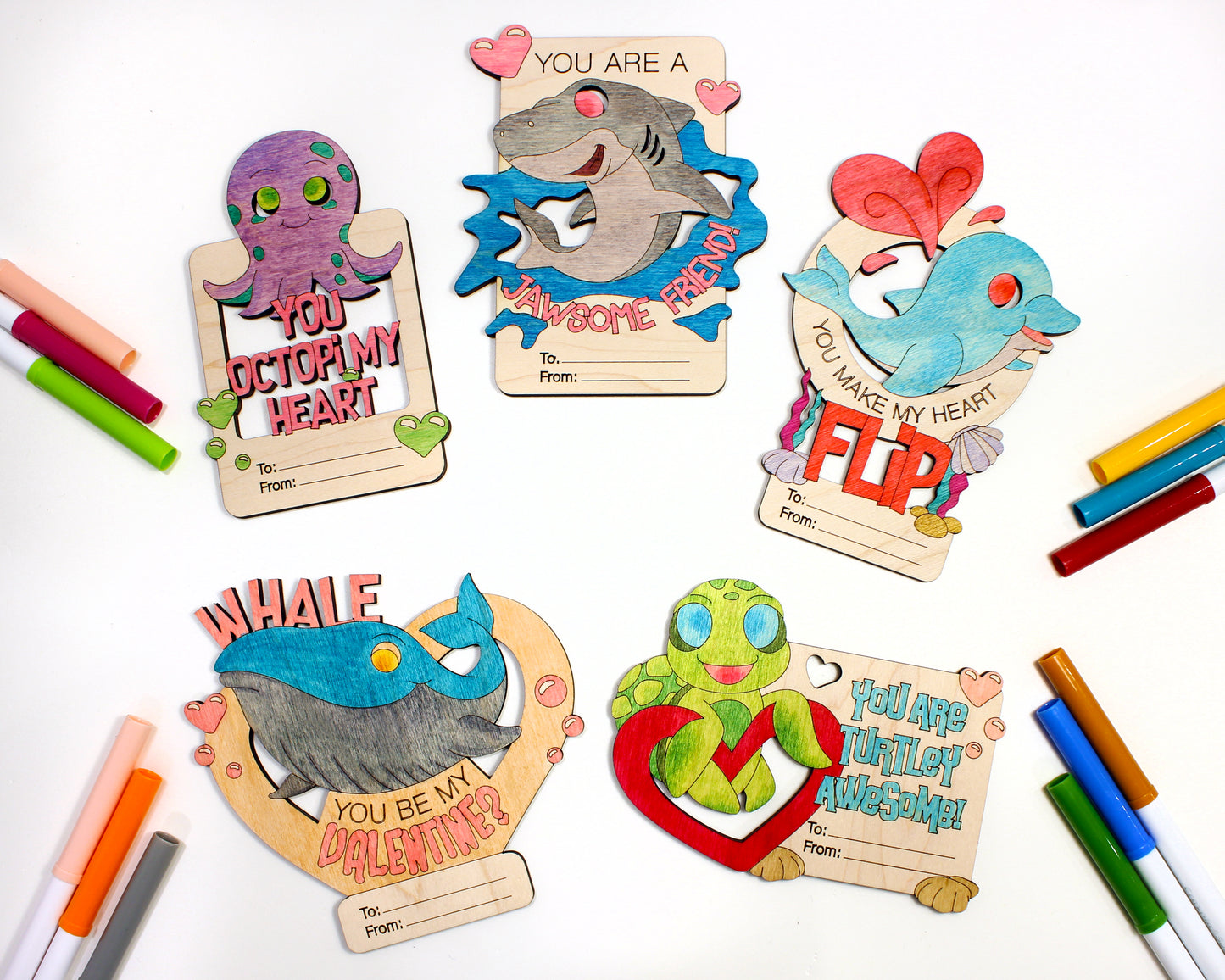 Valentines Day Cards, Color Your Own Sea Creature, Set of 5 Wooden Valentines