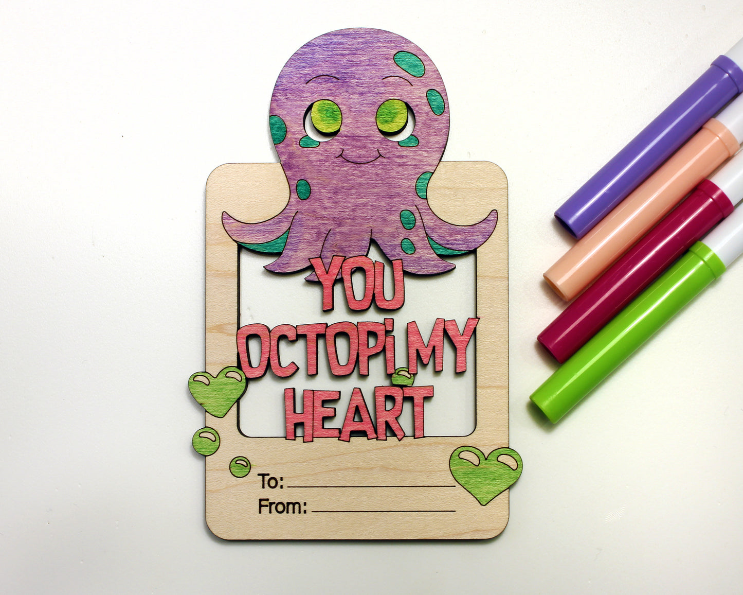 Valentines Day Cards, Color Your Own Sea Creature, Set of 5 Wooden Valentines