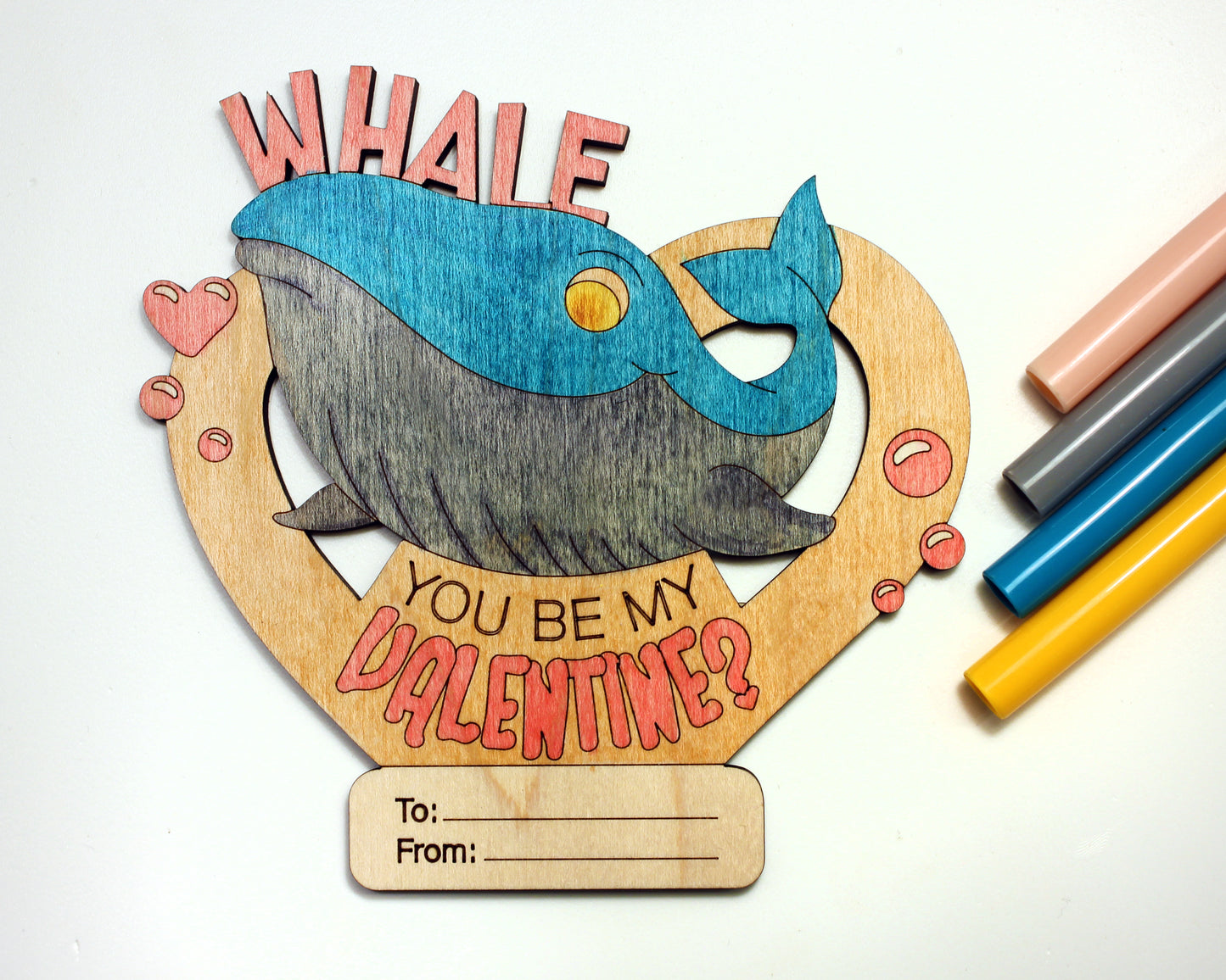 Valentines Day Cards, Color Your Own Sea Creature, Set of 5 Wooden Valentines