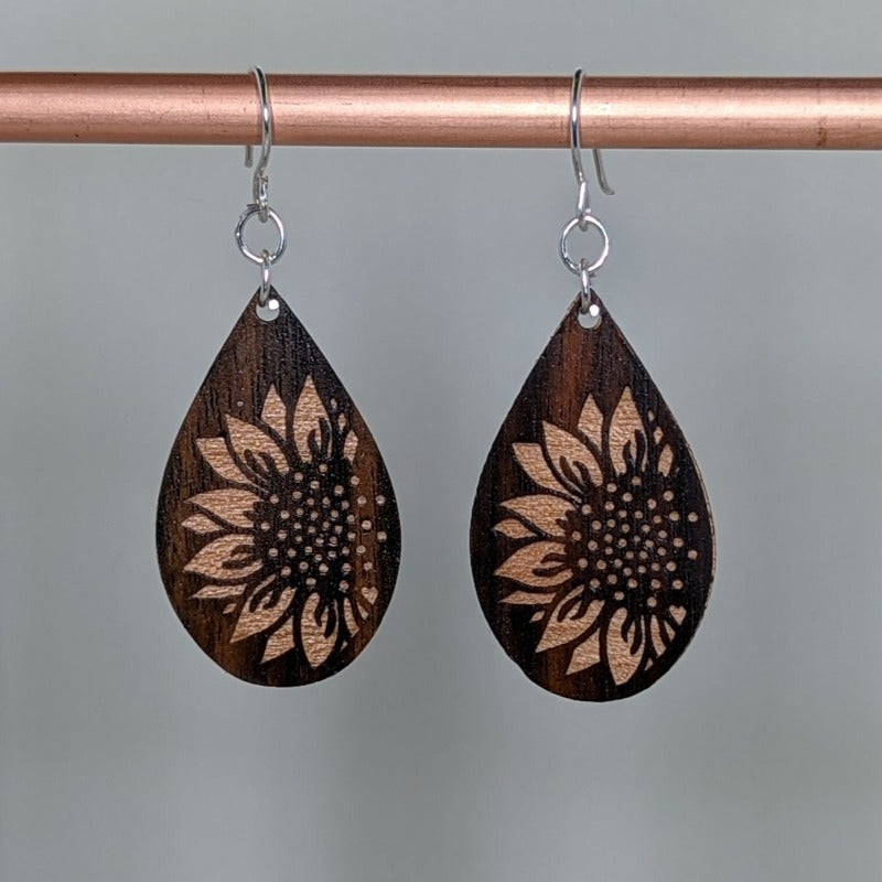 Sunflower Dangle Earrings, Ebony & Cherry