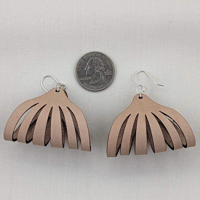 Genuine leather dangle earrings, size comparison to US quarter