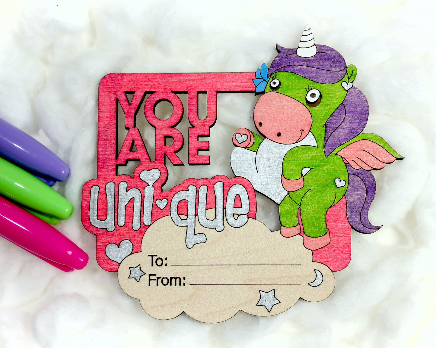 Valentines Day Cards, Color Your Own Unicorn, Set of 5 Wooden Valentines