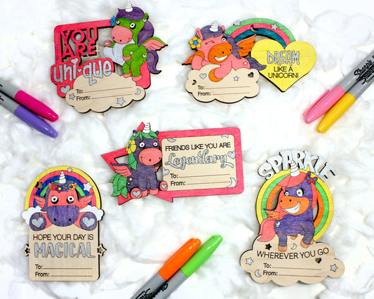 Valentines Day Cards, Color Your Own Unicorn, Set of 5 Wooden Valentines