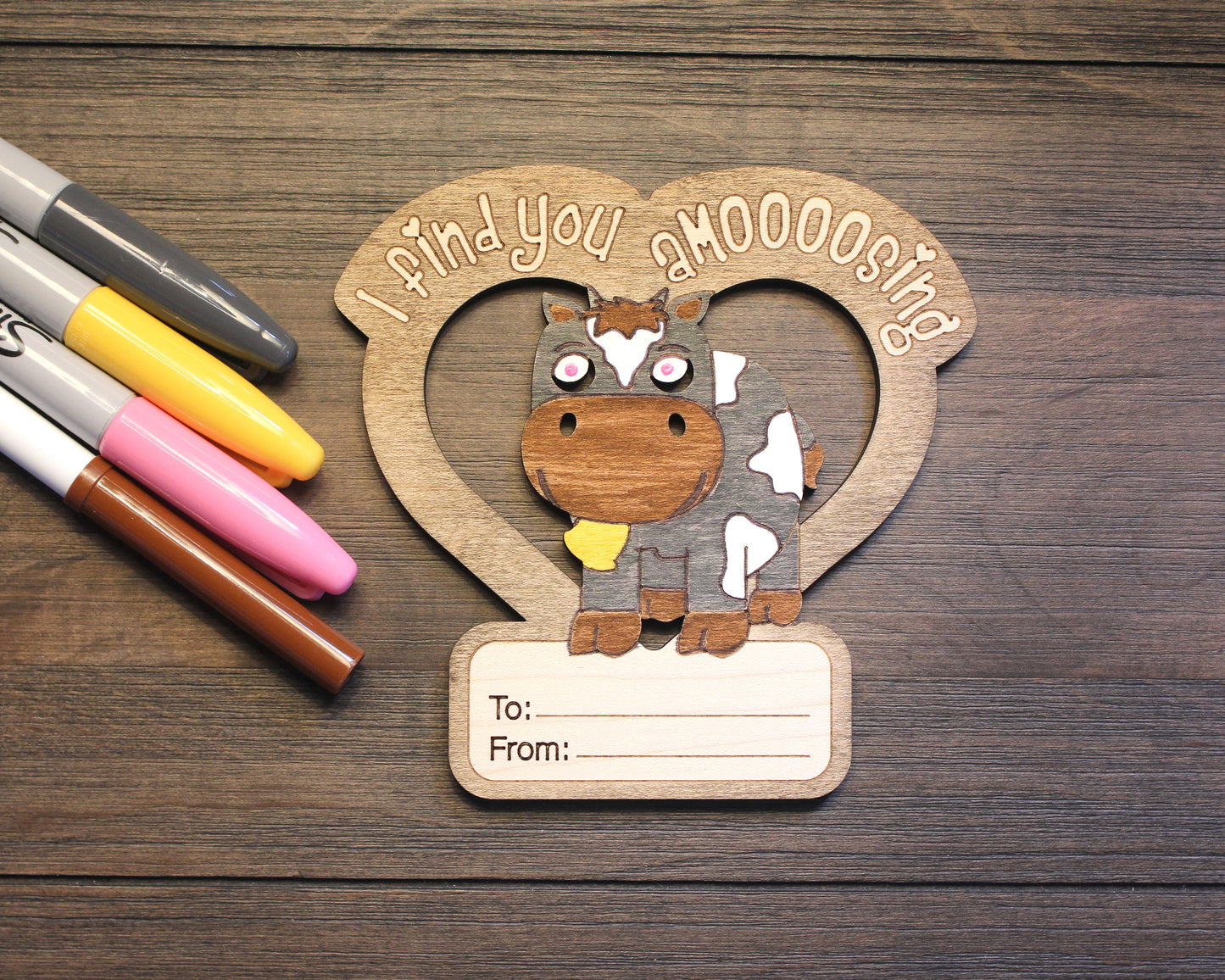 Valentines Day Cards, Color Your Own Farm Animals, Set of 5 Wooden Valentines