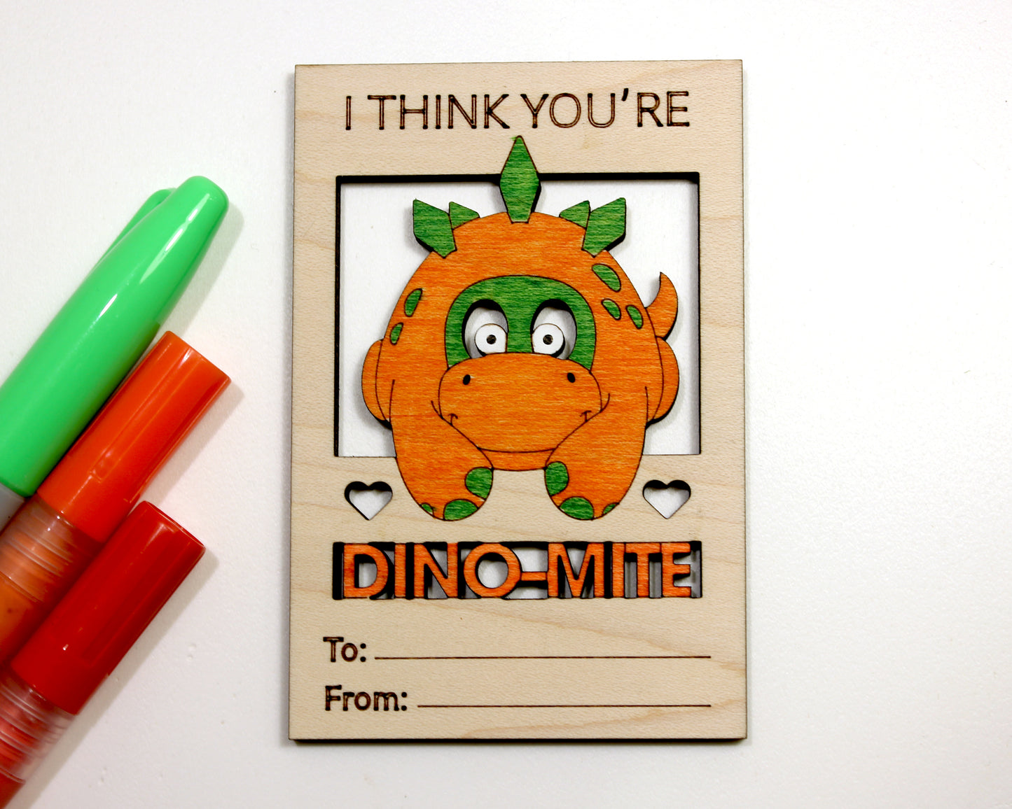 Valentines Day Cards, Color Your Own Dinosaur, Set of 5 Wooden Valentines