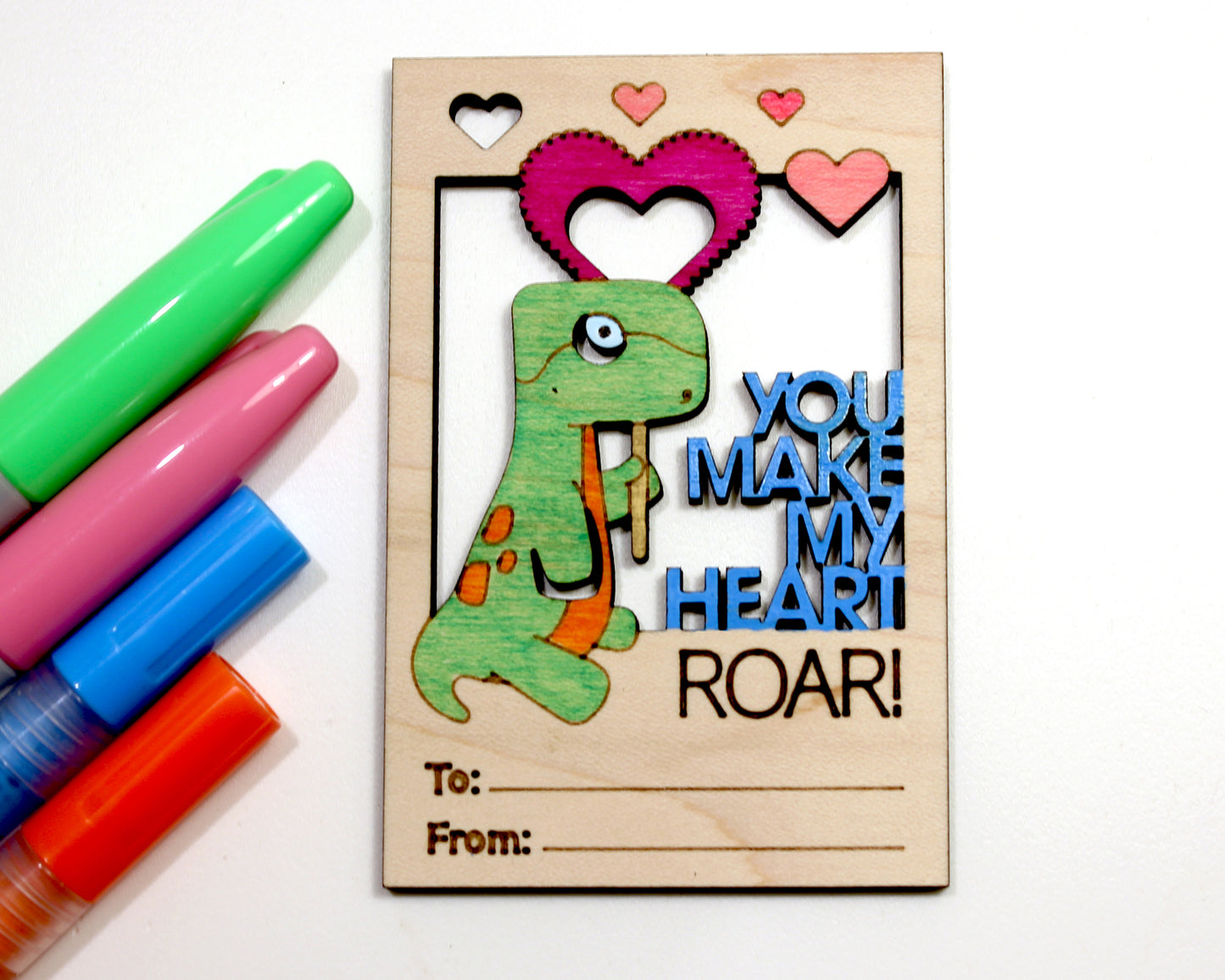 Valentines Day Cards, Color Your Own Dinosaur, Set of 5 Wooden Valentines