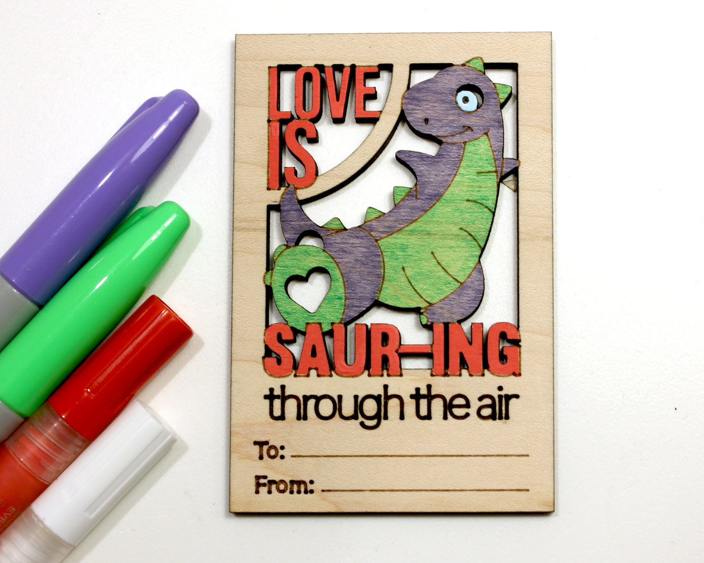 Valentines Day Cards, Color Your Own Dinosaur, Set of 5 Wooden Valentines