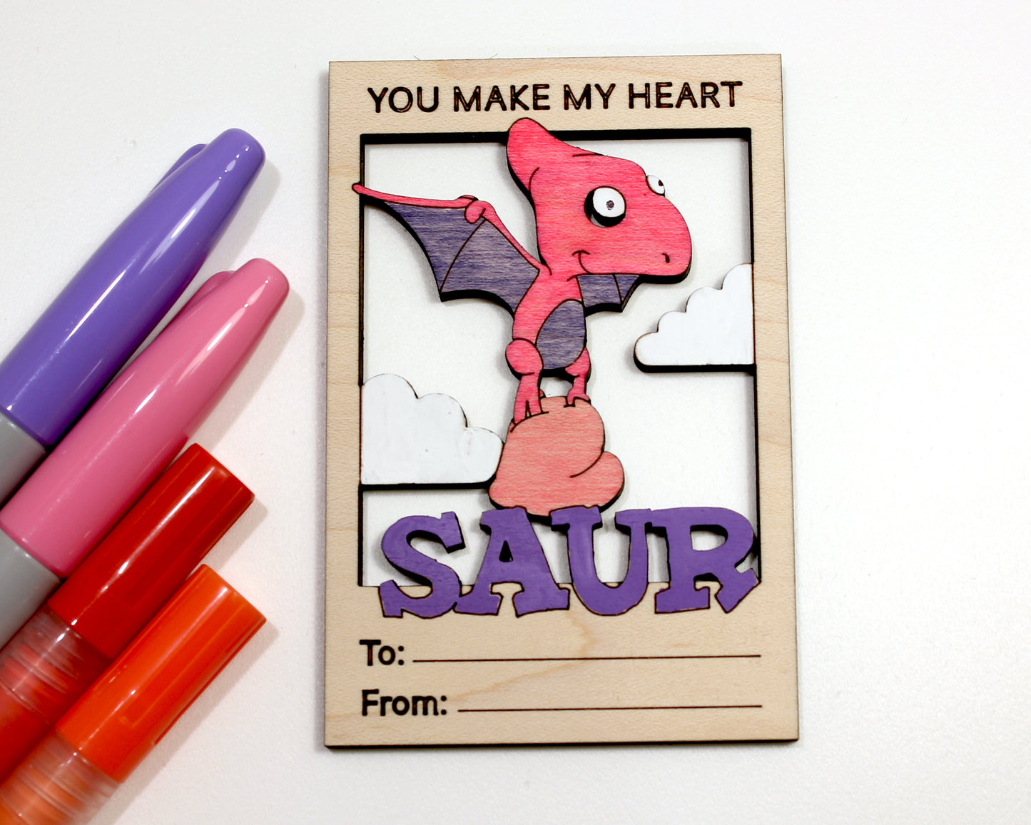 Valentines Day Cards, Color Your Own Dinosaur, Set of 5 Wooden Valentines